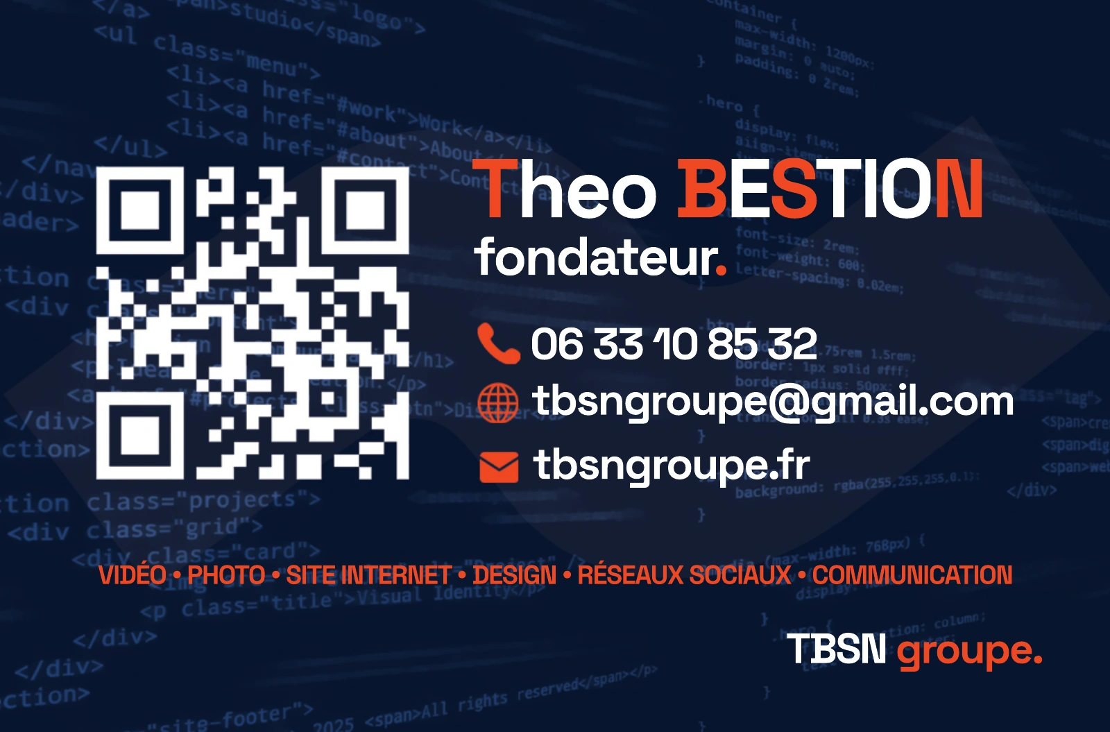Verso : Théo Bestion, fondateur de TBSN groupe. Téléphone : 06 33 10 85 32. Email : tbsngroupe@gmail.com. Site : tbsngroupe.fr.